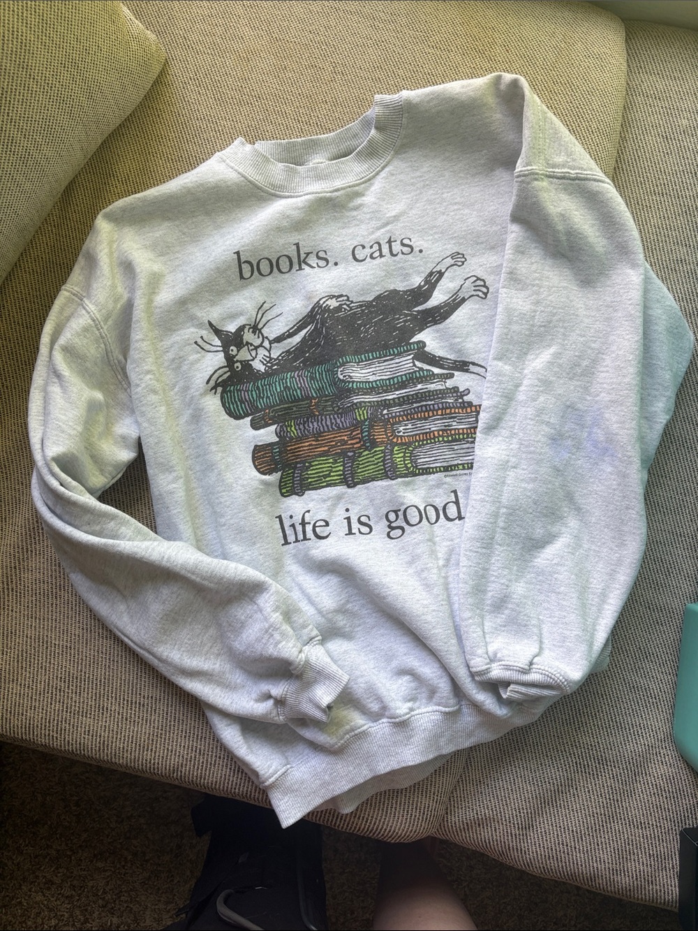 Life Is Good "Books. Cats." Crewneck Sweatshirt - Light Gray